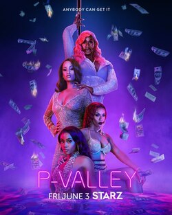 The four lead characters Uncle Clifford, Hailey Colton, Mercedes, and Keyshawn are posed around a stripper pole. The poster is pink and purple toned