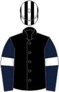 Black, dark blue sleeves, white armlets, black and white striped cap