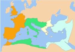 Map of the Roman Empire divided into the four colors orange, green, buff-yellow, and light blue.