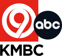 In a red box, a white stylized circle and geometric sans serif 9. The ABC network logo sits atop it and overlaps on the right side. Left aligned with the red box are the black letters "K M B C" in a sans serif.