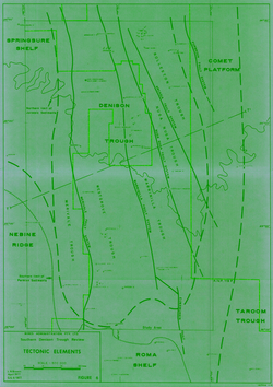 Map showing the Springsure Shelf, Nebine Ridge, Roma Shelf, Taroom Trough, and Comet Platform around Denison Trough
