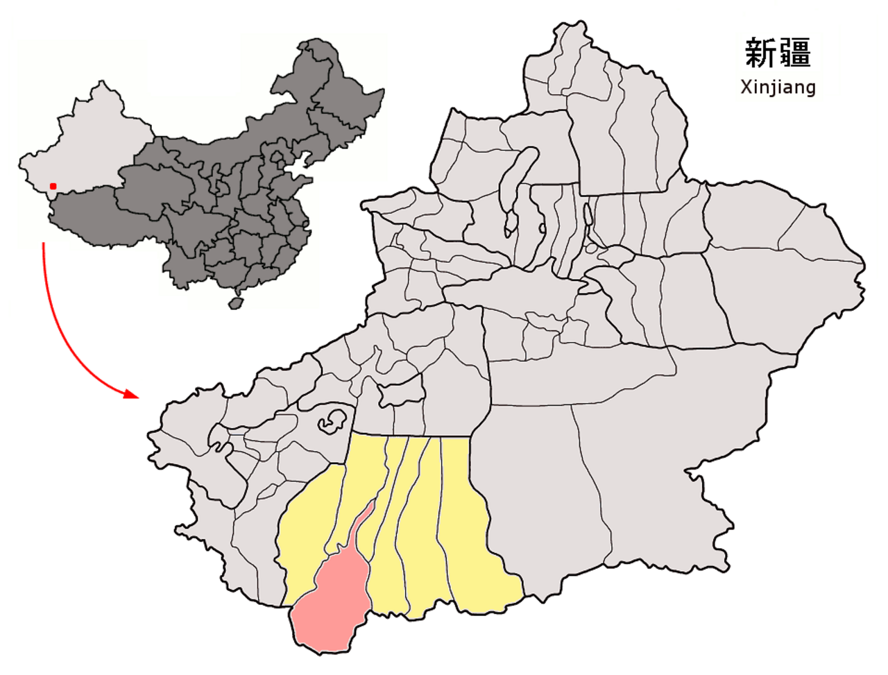 Location of Hotan County within Xinjiang (China).png