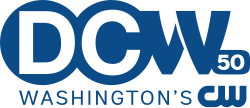 In white on blue, the letters D and C over two overlapping circles. Next to them, a blue stylized W, with a small box reading "50" in the lower right-hand corner.