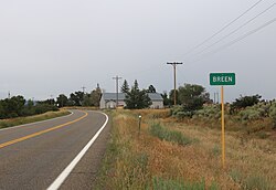 Breen and the Breen Community Building in August 2019 along Colorado State Highway 140.