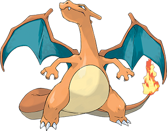The image depicts a bipedal winged dragon-like creature with an orange and cream body and teal wings with orange trimming. It has a flaming tail, three white claws on all four limbs, and two horns on the back of its head.