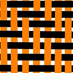 Simple diagram of black weft threads being woven under two orange warp threads then over two of the warp threads