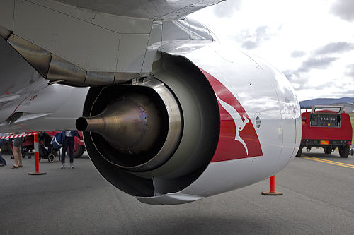 CFM56 showing internal air system overboard vent for the oil system (vent tube in the exhaust). Secondary air enters the bearing compartments through labyrinth seals to prevent oil escaping in the opposite direction. The air continually escapes from the system through the vent with some oil mist after passing through a centrifugal air/oil separator.[145]