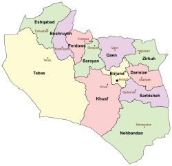 Location of Ferdows County in South Khorasan province (top, pink)
