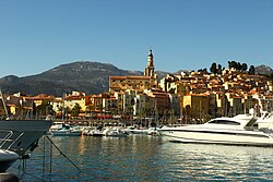 The harbour of Menton, with the basilica of Saint-Michel-Archange beyond, viewed from the Quai Napoléon III