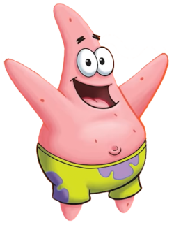 A smiling pink starfish wearing green trunks