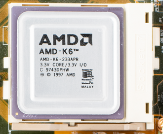 An AMD-K6-233 on a Socket 7 motherboard