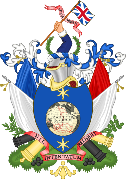 A globe of the earth, drawn on a blue shield. Above it, a knight's helmet, and an arm holding a British flag. Below it, cannons.