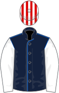 Dark blue, royal blue seams, white sleeves, red and white striped cap