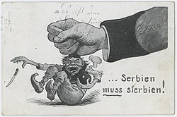 Serbien muss sterbien! ("Serbia must die!"), an Austrian caricature, drawn after the assassination of Archduke Franz Ferdinand of Austria in 1914, depicting Serbia as an ape-like terrorist.