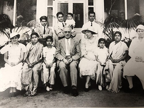 Max Born and Hedi Born visiting B.S. Madhava Rao's home in Bangalore, c. October 1935. Standing (l–r): B.S. Venkata Rao, B.S. Madhava Rao (holding son Arun), B.S. Bheema Rao. Seated (l–r): Ms. Fryer, Subhadra Bai, Shakuntala, Max Born, Hedi Born, Leelavathi, Kapila Bai, Ms. Muriel Robinson. Identifications confirmed by Leelavathi (BSM's daughter), 2026.