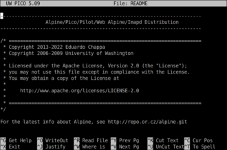 A screenshot of the Alpine README open in Pico on Void Linux