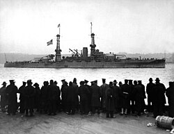Hyperboloid mast towers were on the USS Arizona, passing the 96th St. Pier in New York City, circa December 26, 1918.
