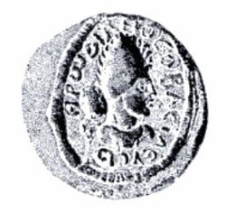 seal impression in the shape of a circle showing the head of a ruler wearing a tiara