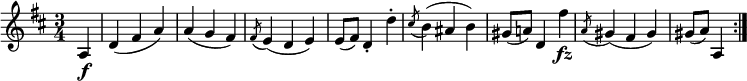 
\relative a {
  \key d \major \time 3/4
  \partial 4 a4 \f
  d4( fis a)
  a4( g fis)
  \acciaccatura fis8 e4( d e)
  e8( fis) d4-. d'-.
  \acciaccatura cis8 b4( ais b)
  gis8( a!) d,4 fis' \fz
  \acciaccatura a,8 gis4( fis gis)
  gis8( a) a,4 \bar ":|."
}
