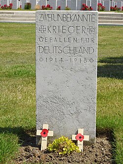 A single marker for two of the four German graves at Tyne Cot. Both are unknown.