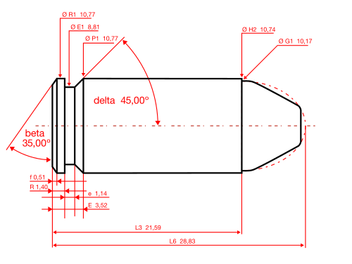 40 S&W maximum C.I.P. cartridge dimensions[2] All sizes in millimeters (mm).