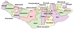 Location of Chalus County in Mazandaran province (center left, purple)