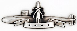 Silver SSBN Deterrent Patrol insignia, depicting a nuclear submarine with a superimposed ballistic missile, framed by lines reminiscent of an atomic nucleus, indicating the missiles contain nuclear warheads.