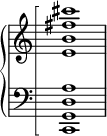 
  \new PianoStaff <<
    \set PianoStaff.connectArpeggios = ##t
    \override PianoStaff.Arpeggio.stencil = #ly:arpeggio::brew-chord-bracket

    \new Staff \relative {
      \omit Staff.TimeSignature
      <e' b' fis' cis'>1\arpeggio
    }
    \new Staff \relative {
      \clef bass
      \omit Staff.TimeSignature
      <c, g' d' a'>1\arpeggio
    }
  >>
