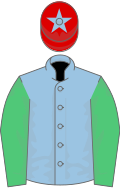 Light blue, emerald green sleeves, red cap, light blue star
