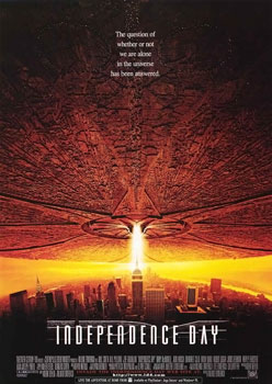 A huge alien spacecraft above New York City with a light beam over the Empire State Building, the title 'INDEPENDENCE DAY" behind the ID4 text appears below on the buildings, the film's tagline above reads. "The question of whether or not we are alone in the universe has been answered."