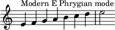{
\override Score.TimeSignature #'stencil = ##f
\relative c' {
\clef treble \time 7/4
e4^\markup { Modern E Phrygian mode } f g a b c d e2
} }