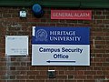 A sign for the fictional Heritage University.