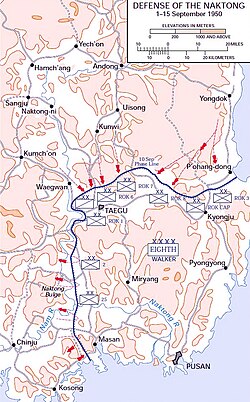 Topographic map of a defensive line along the southeast tip of a peninsula