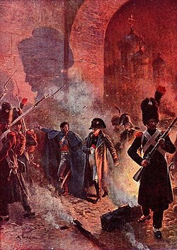 Moscow (1812). Napoleon leaves the Kremlin, part of the French occupation of Moscow, painting by Maurice Orange.