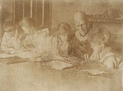 Julia Stephen at Talland House supervising Thoby, Vanessa, Virginia and Adrian doing their lessons, summer 1894
