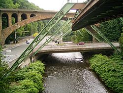 Wuppertal Suspension Railway running beneath Sonnborn Railway Bridge (Sonnborner Eisenbahnbrücke)