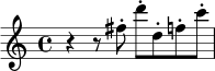 \relative c'' {
\set Score.tempoHideNote = ##t
\tempo 4 = 144
\set Staff.midiInstrument = #"oboe"
r r8 fis8-. d'8-. d,8-. f8-. c'8-.
}