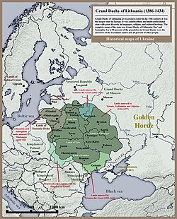 Historical map of Grand Duchy of Lithuania, Rus' (Ukraine) and Samogitia until 1434.