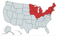 Historically, especially in the time the American Civil War the states in red were known as "the North"; settlement expansion to the Pacific (upper left) extended the Northern United States all along the Canada–United States border.
