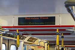 Digital multi-coloured LED signs showing the next station, these signs also show if the station offers connections to other TTC subway, light rail lines and other public transit service providers or the final station of the line along with visual arrows showing which side the doors will open on at the next stop (except final stations of the line).