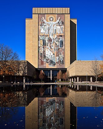 Image of the Hesburgh Library from the south showing the Word of Life mural and the reflecting pool