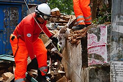 USAR dog handler and search dog at work in Nepal
