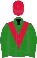 Forest green, crimson chevron, crimson cap