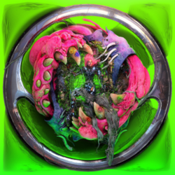 A metal sculpture of a sine wave logo against a neon green background. In the center of the logo, Lady Gaga is surrounded by a neon pink slime creature.