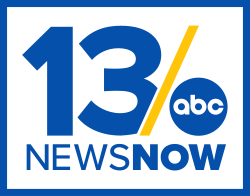 In a white box trimmed in blue: A blue 13 in a sans serif. The 3 is clipped by a diagonal slash in yellow. The ABC network logo is next to it in blue. The words "News" and "Now", "Now" bolded, appear on the next line.