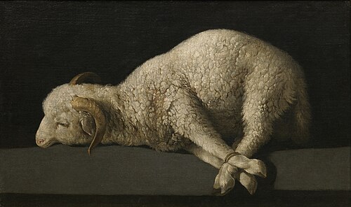 Bodegón with the religious theme, The Lamb of God. Agnus Dei by Francisco de Zurbarán, 1635–40, Prado Museum.