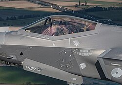 A Shahed-type drone shot down during the Russian drone incursion into Poland marked on a Dutch Air Force F-35 Lightning II