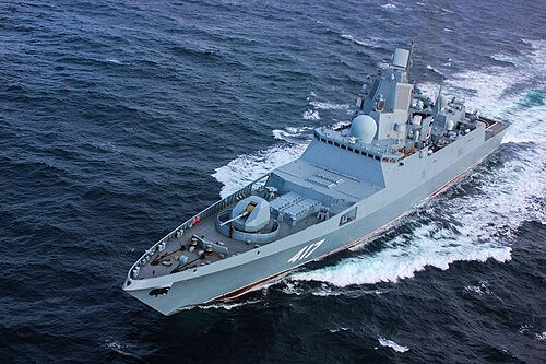 The Admiral Gorshkov port bow view showing its main armaments A-192, Redut anti-air missiles, and 3S14 VLS.