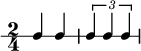 \new RhythmicStaff {
\clef percussion
\time 2/4
\set Score.tempoHideNote = ##t \tempo 4 = 100
c4 c
\tuplet 3/2 { c4 c c }
}