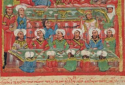 Byzantine banquet showing musicians and various musical instruments (1204–1453)